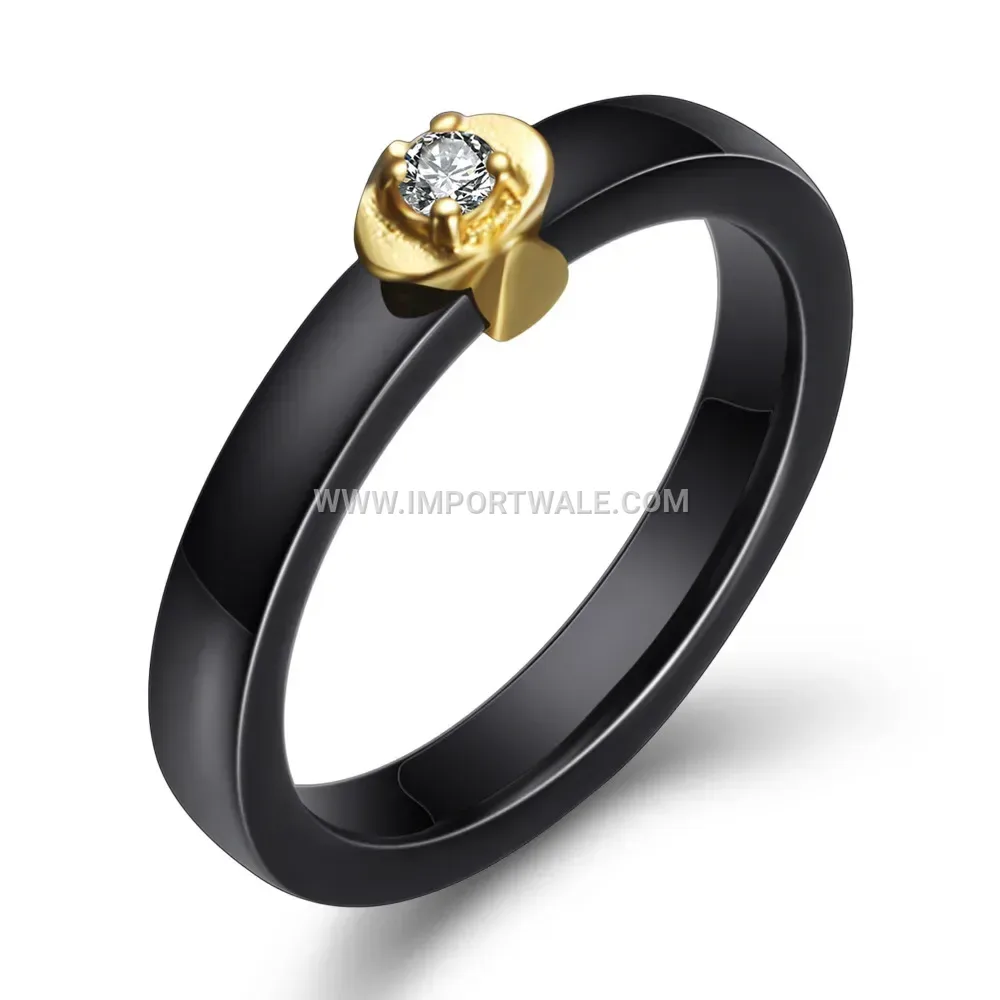 Cubic Zirconia Embedded Ceramic Gold Trimmed Ring