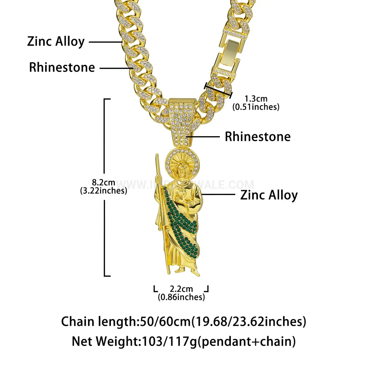Modern Religious Figure Rhinestone Pendant Cuban Link Necklace