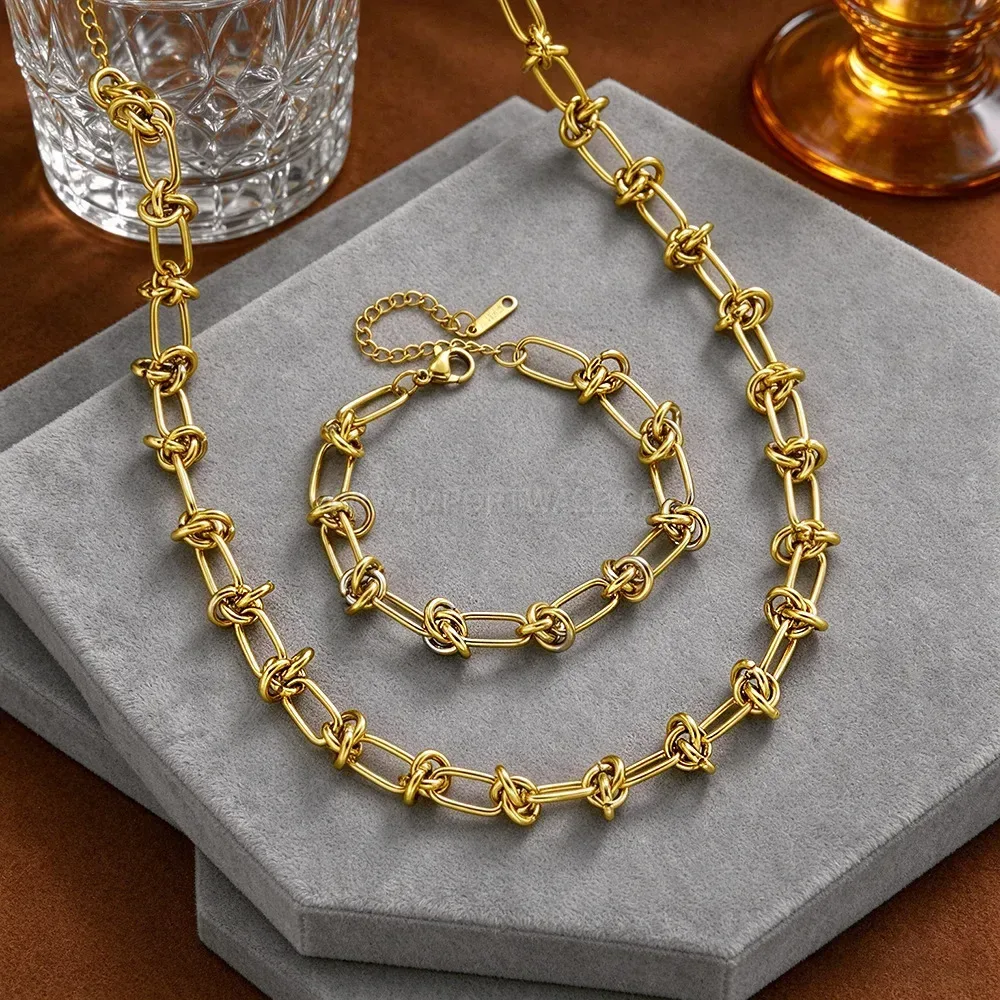 Bold Gold Titanium Steel Knot Necklace and Bracelet Jewelry Set