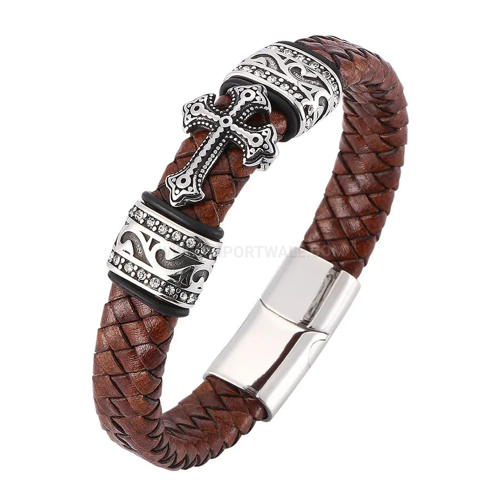 Stylish Brown Leather Stainless Steel Cross Bracelet