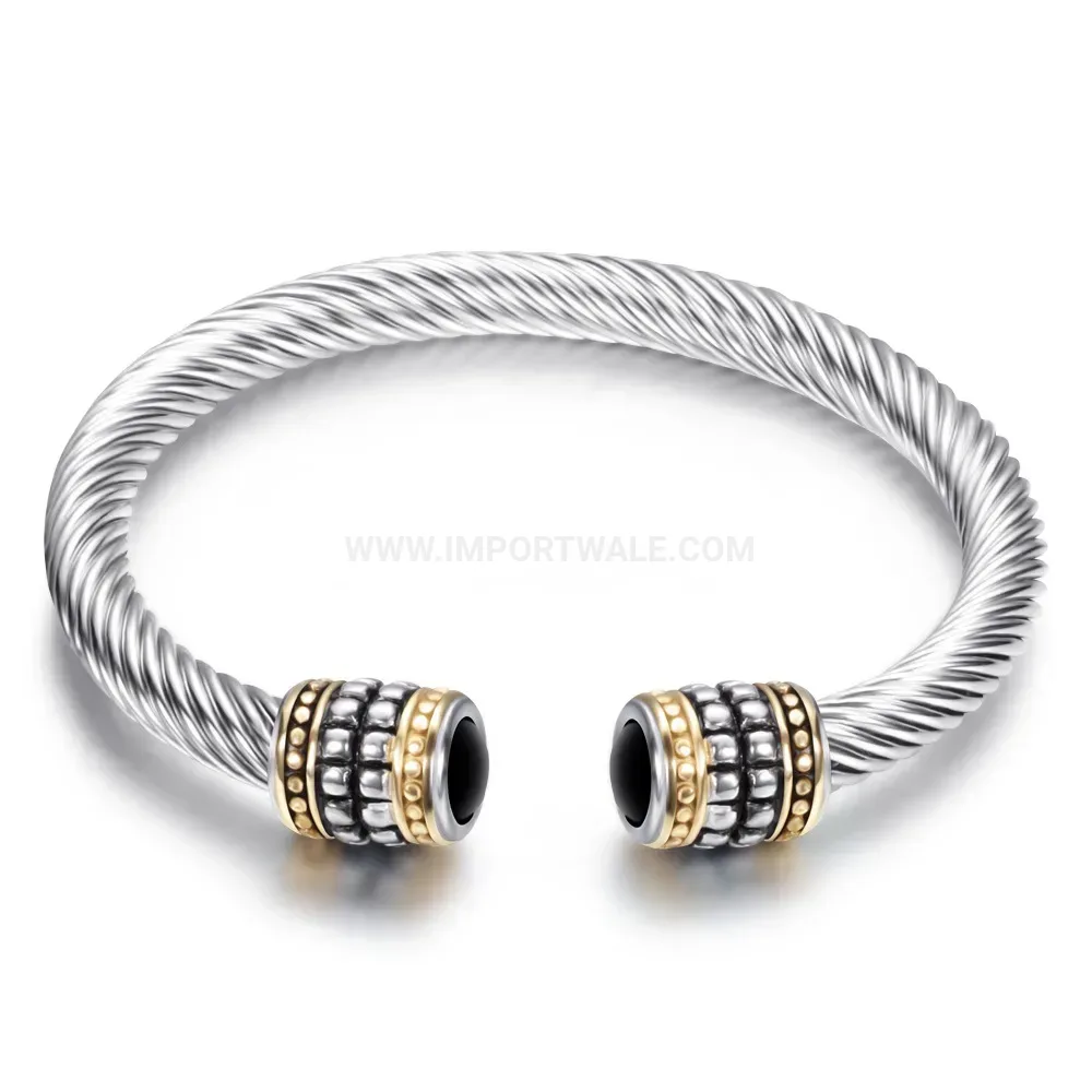 Modern Vintage Two-Tone Crystal Inlaid Cable Wire Stainless Steel Bangle