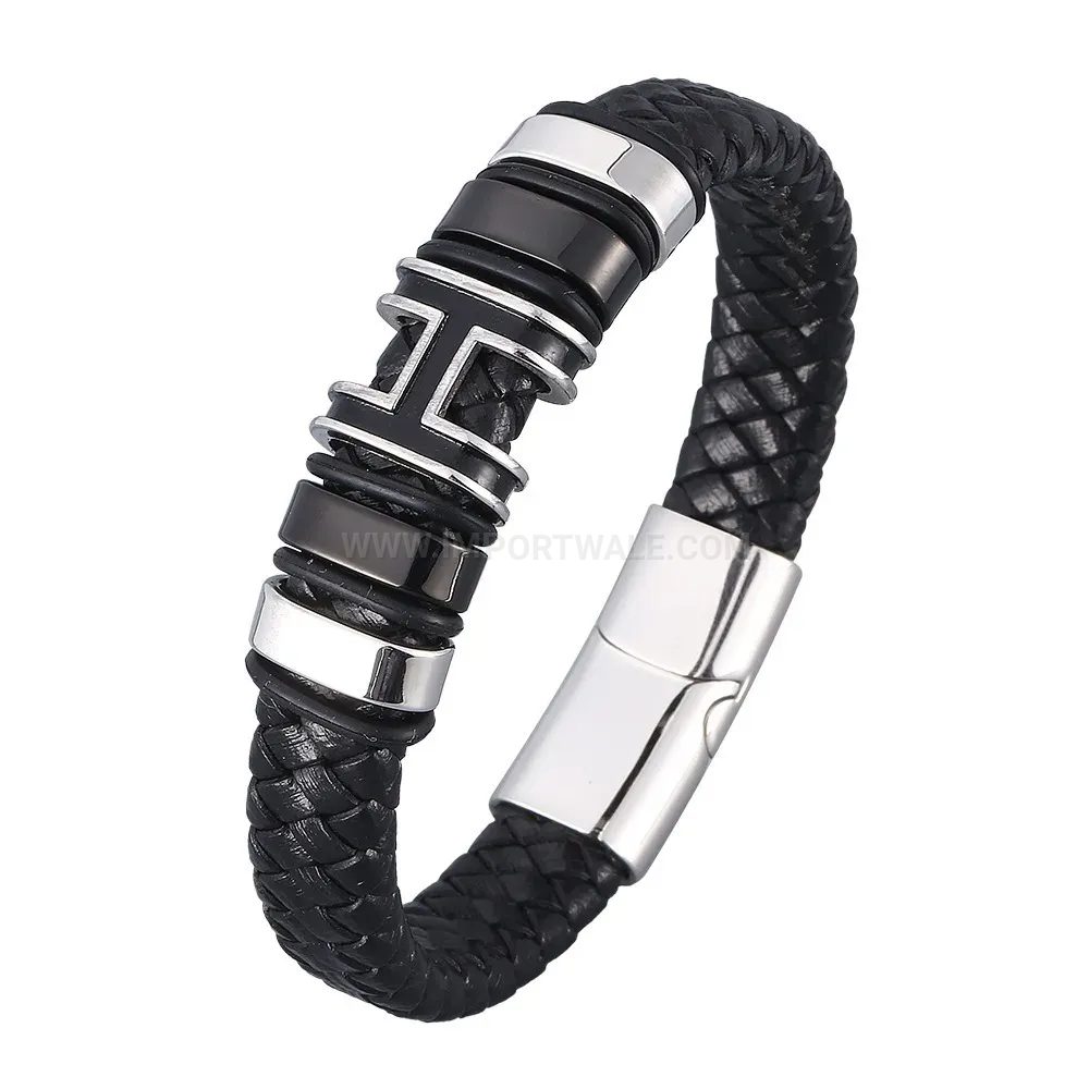 Bold Braided Leather Wristband with Stainless Steel Magnetic Clasp