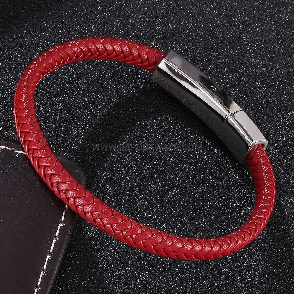 Woven Leather Bracelet with Stainless Steel Push Clasp