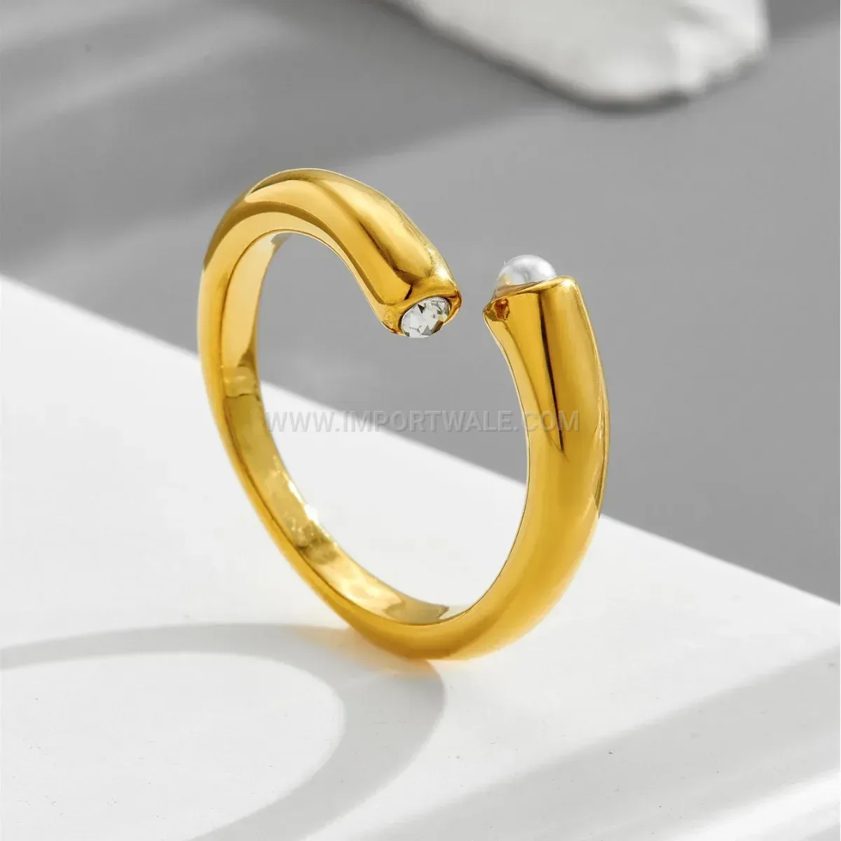 Gold Plated Titanium Steel Pearl and Rhinestone Open Ring