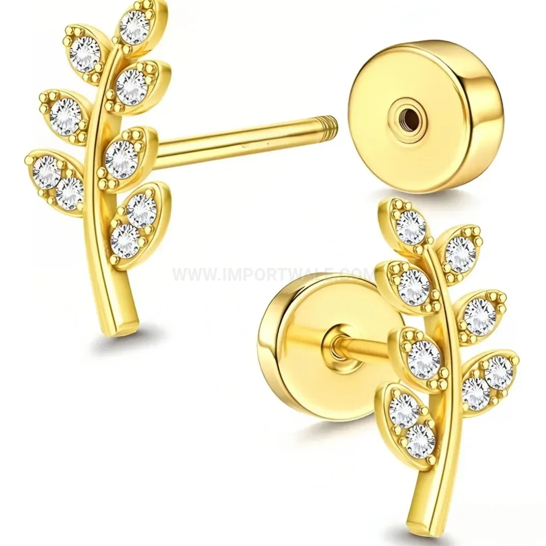 Modern Stainless Steel Leaf Zircon Piercing Cartilage Stud Earrings
