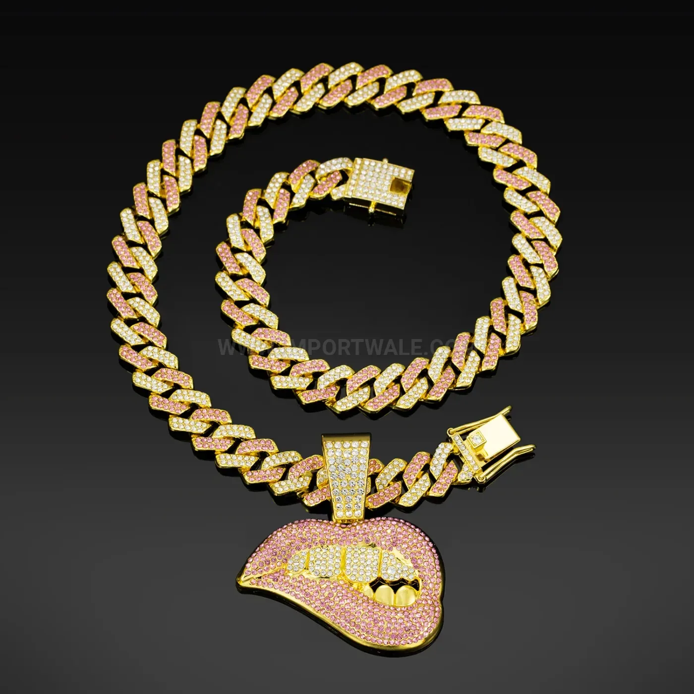 Trendy Pink Rhinestone Lips Pendant Cuban Chain Necklace
