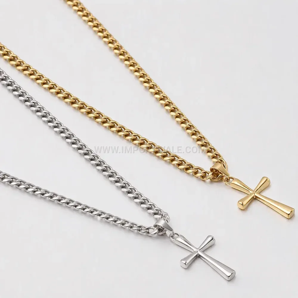 Sleek 18K Gold Plated Stainless Steel Cross Pendant Chain Necklace