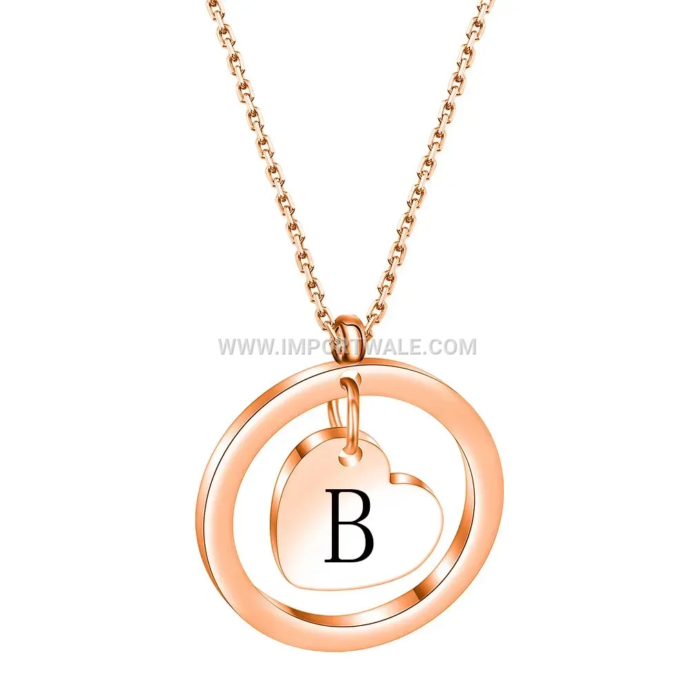 Cutout Initial Disc Pendant Necklace in Rose Gold Tone Stainless Steel