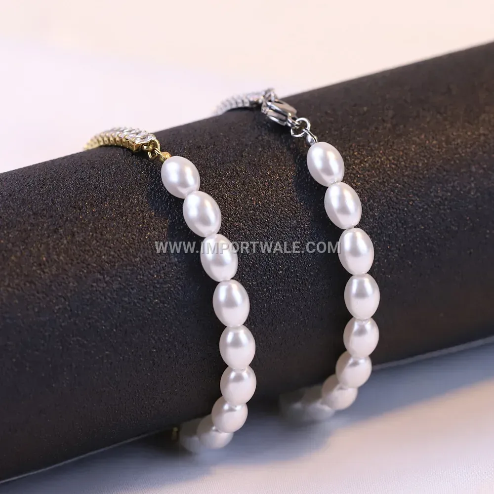 Faux Pearl Splice Stainless Steel Cubic Zirconia Bracelet