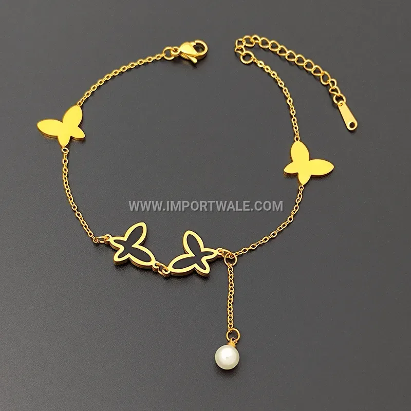 Faux Pearl Butterfly Charm Chain Anklet in Gold Tone Stainless Steel