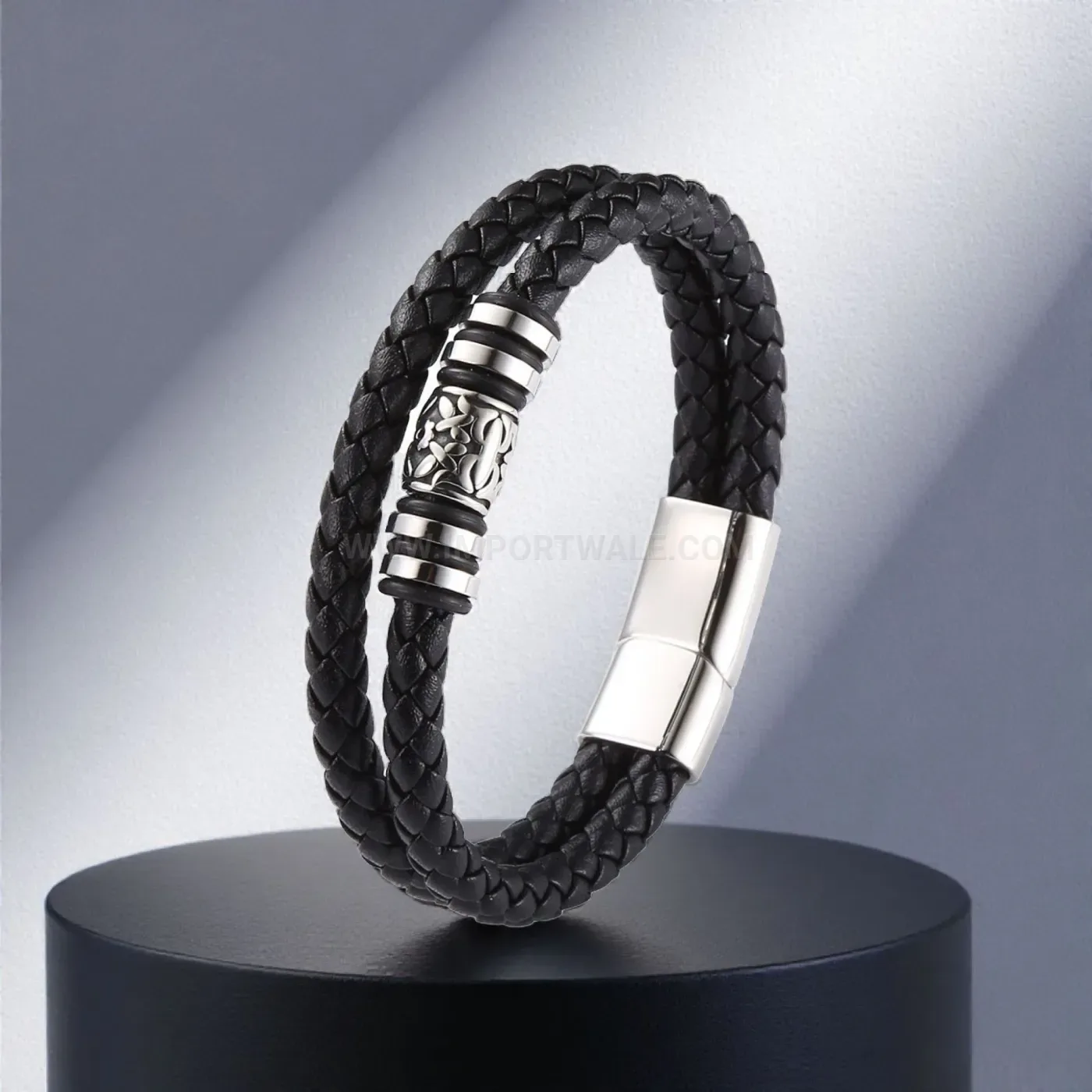 Color Block Leather Beaded Stainless Steel Men Wristband