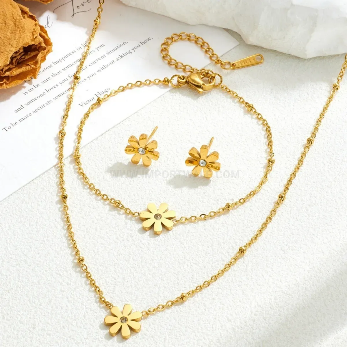 Gold Plated Stainless Steel Daisy Bead Jewelry Set
