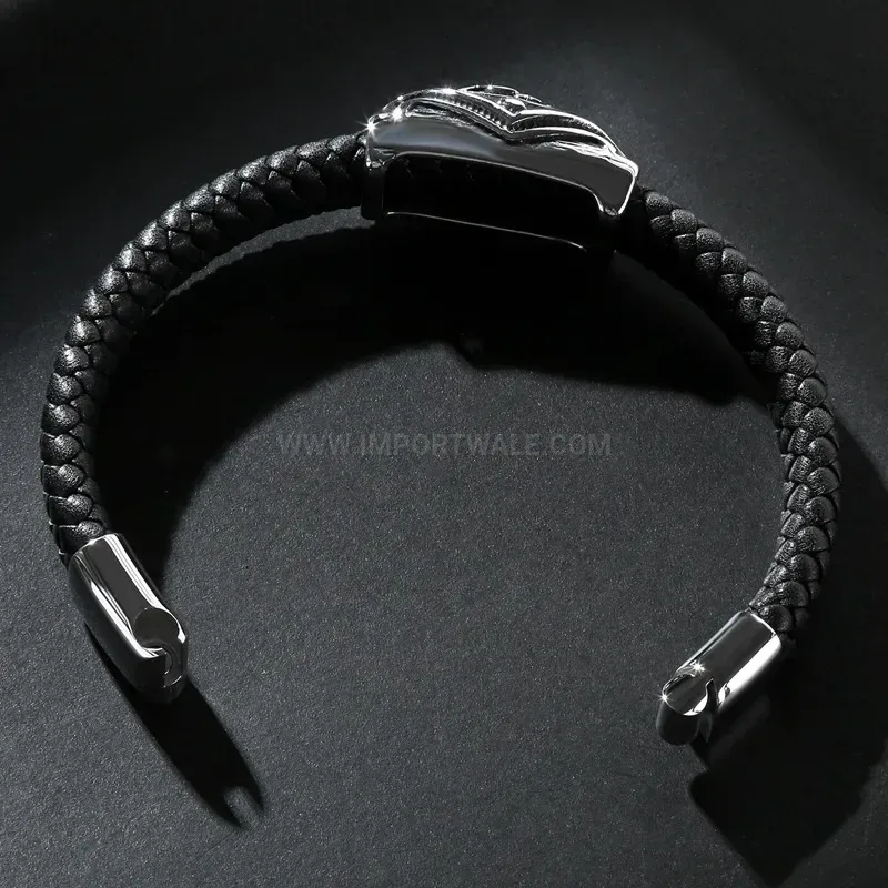 Designer Egyptian King Skull Stainless Steel Leather Bracelet