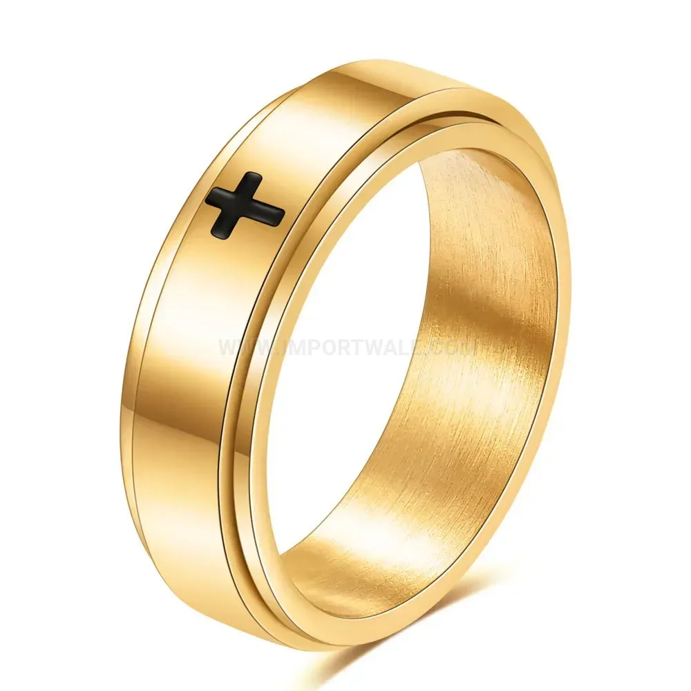 Polished Cross Engraved Stainless Steel Spinner Band Ring