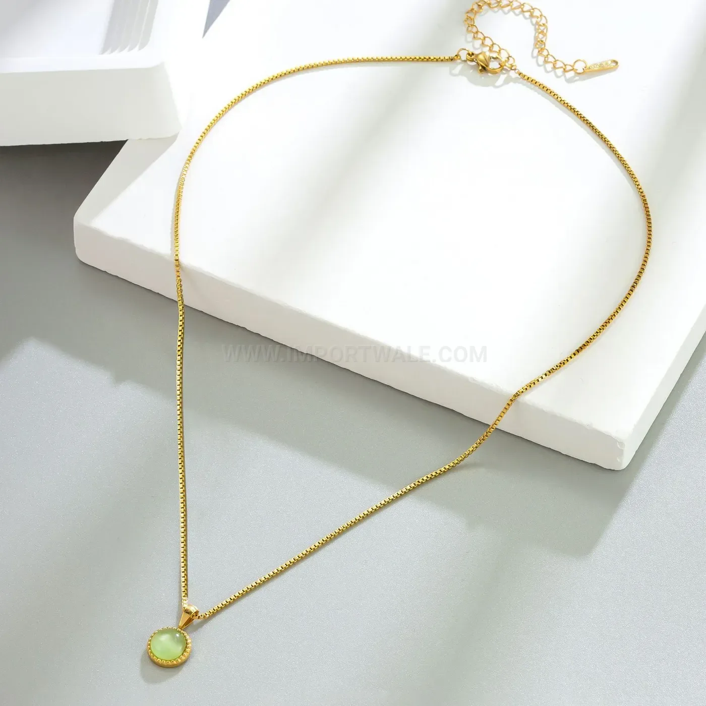 Natural Green Aventurine Gold Plated Stainless Steel Figaro Chain Pendant Necklace