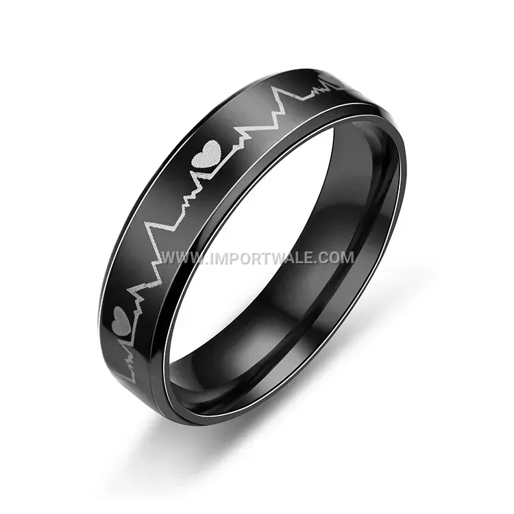 Black Heartbeat EKG Titanium Steel Band Ring