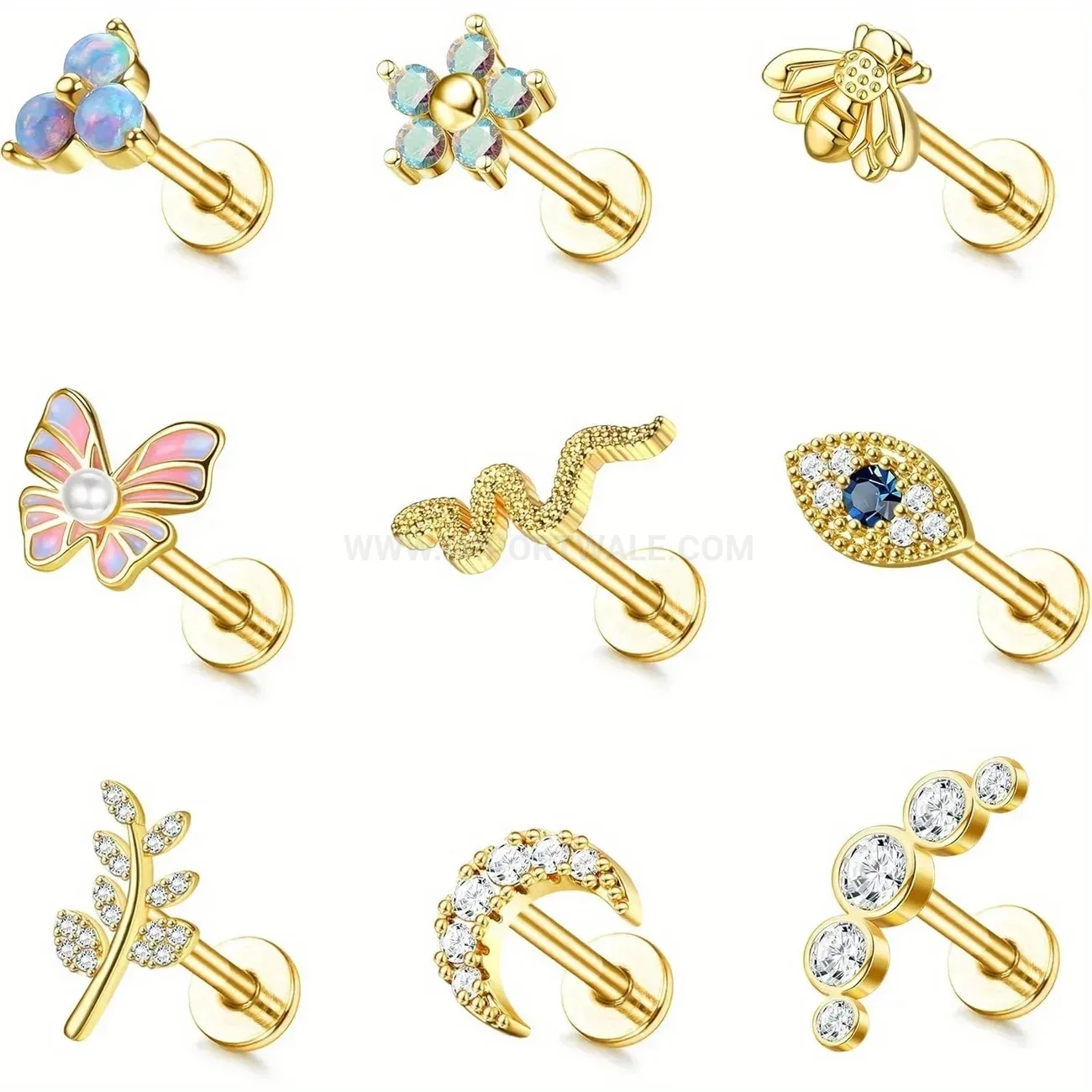 Designer Sparkling Cubic Zirconia Flower and Butterfly Piercing Stud Set