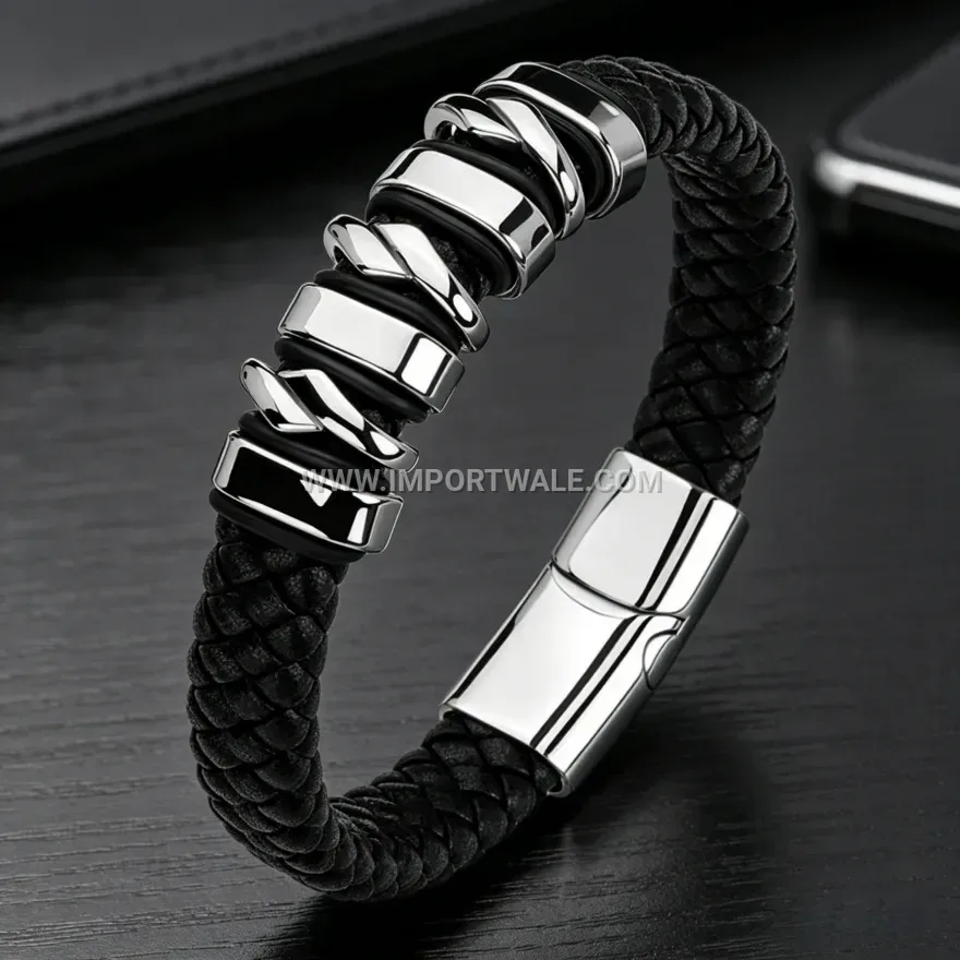 Woven Leather Bead-Accented Magnetic Cuff Bracelet for Men