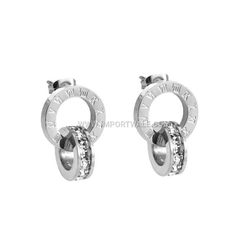 Zircon Accent Roman Numeral Double Ring Titanium Steel Stud Earrings