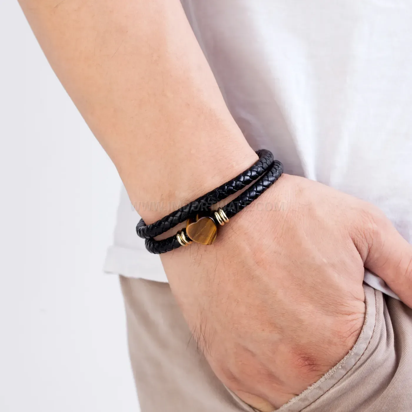 Braided Leather Couple Charm Bracelet with Stainless Steel Clasp