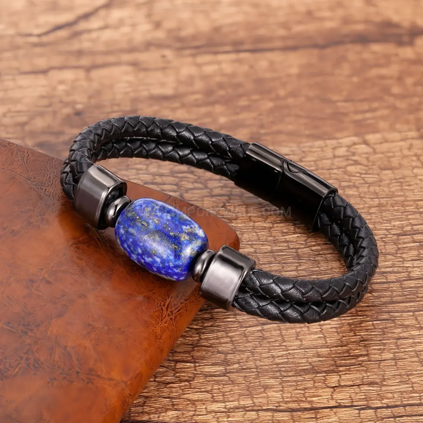 Woven Leather and Natural Stone Bracelet with Stainless Steel Clasp