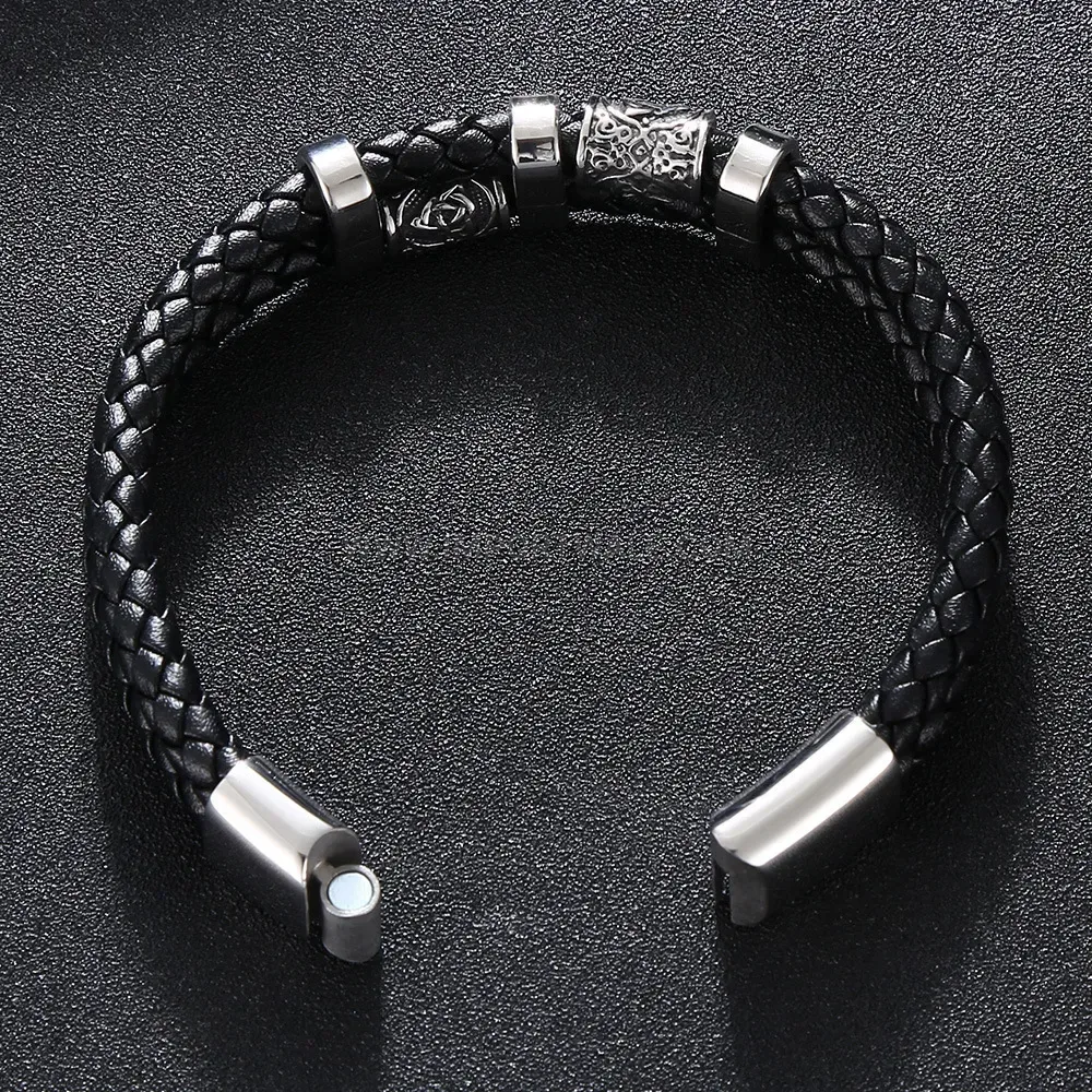 Textured Leather Cord Steel Wristband for Men