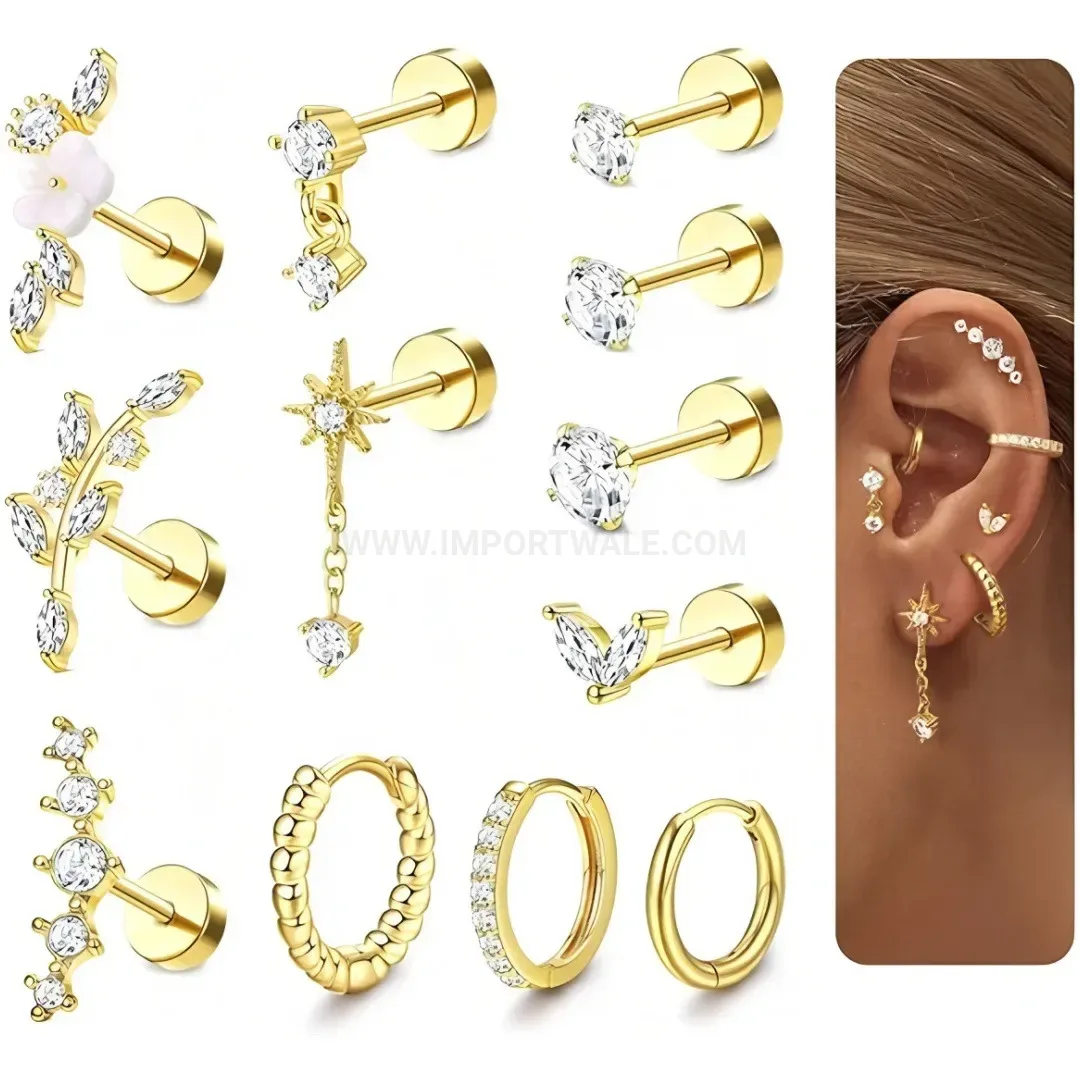 Trendy Cubic Zirconia Leaf Titanium Stainless Steel Cartilage Piercing Studs Set