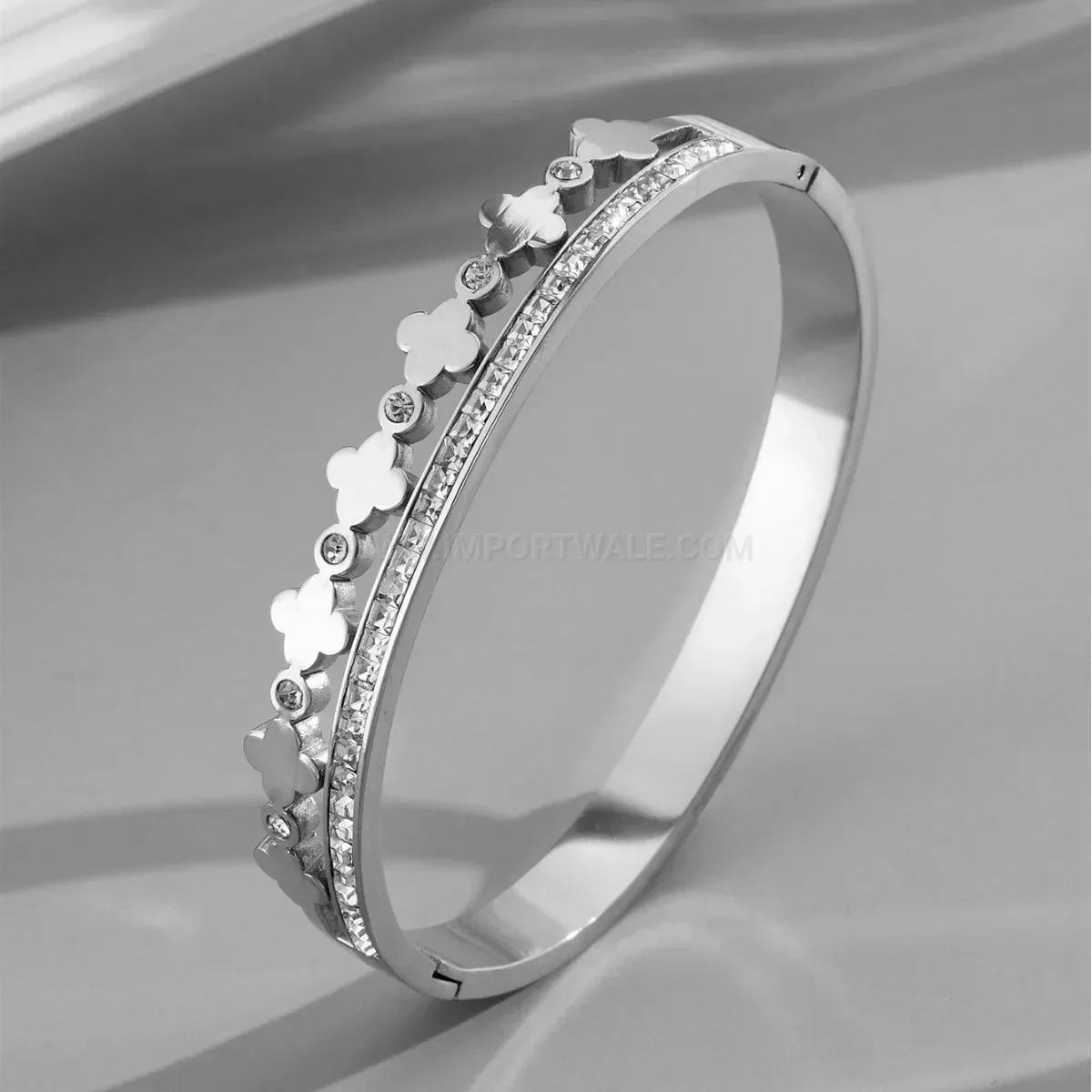 Rhinestone Four-Leaf Clover Layered Stainless Steel Bangle