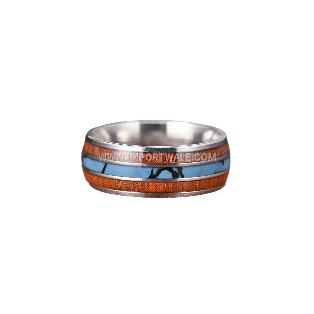 Turquoise and Acacia Wood Inlay Stainless Steel Ring