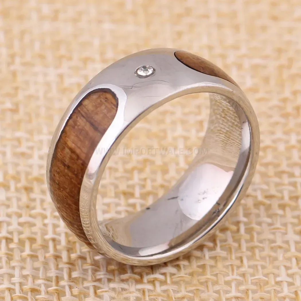 Elegant Wood Grain Inlaid Rhinestone Stainless Steel Couple Ring