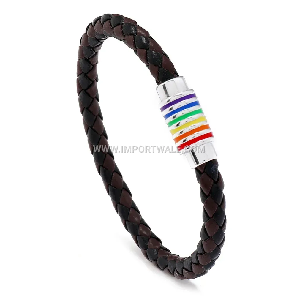 Braided Rainbow Accent PU Leather Wristband With Magnetic Clasp