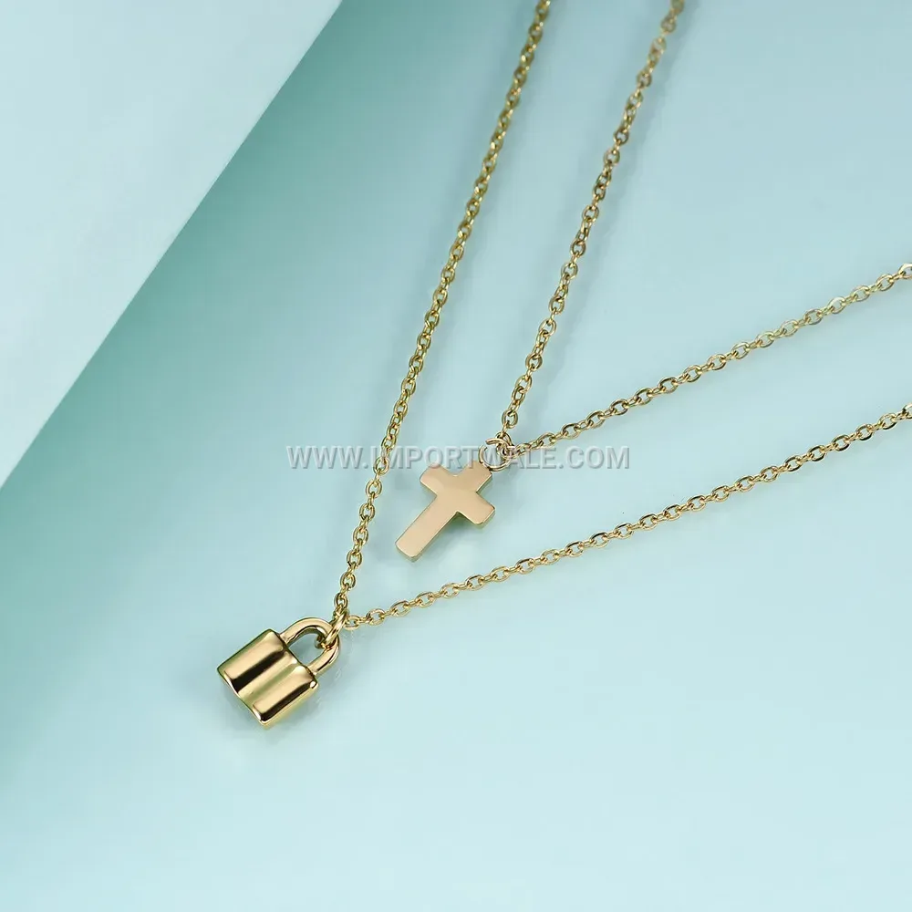 Retro Stainless Steel Padlock and Cross Pendant Necklace