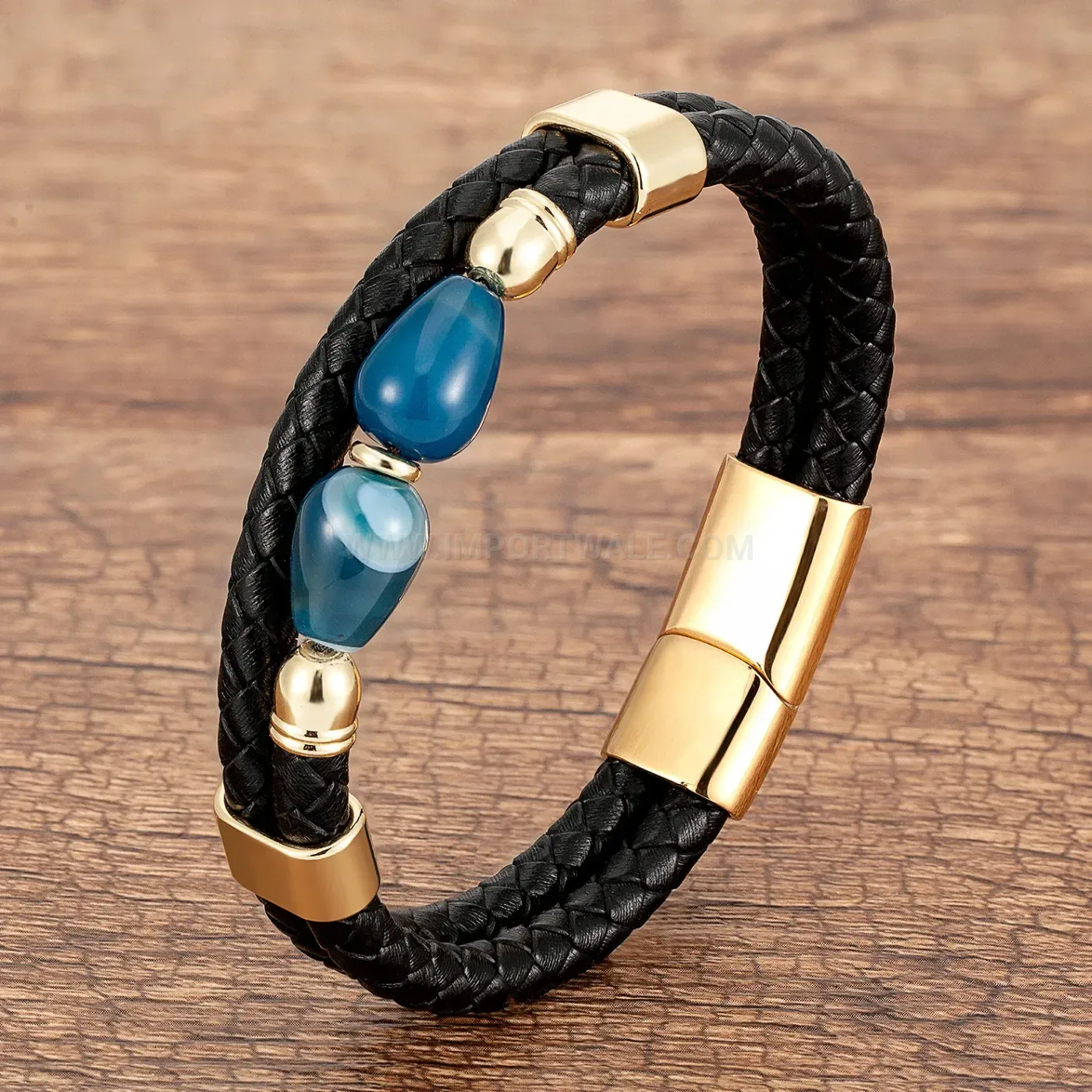 Double Band Braided Leather Wristband with Metallic Clasp