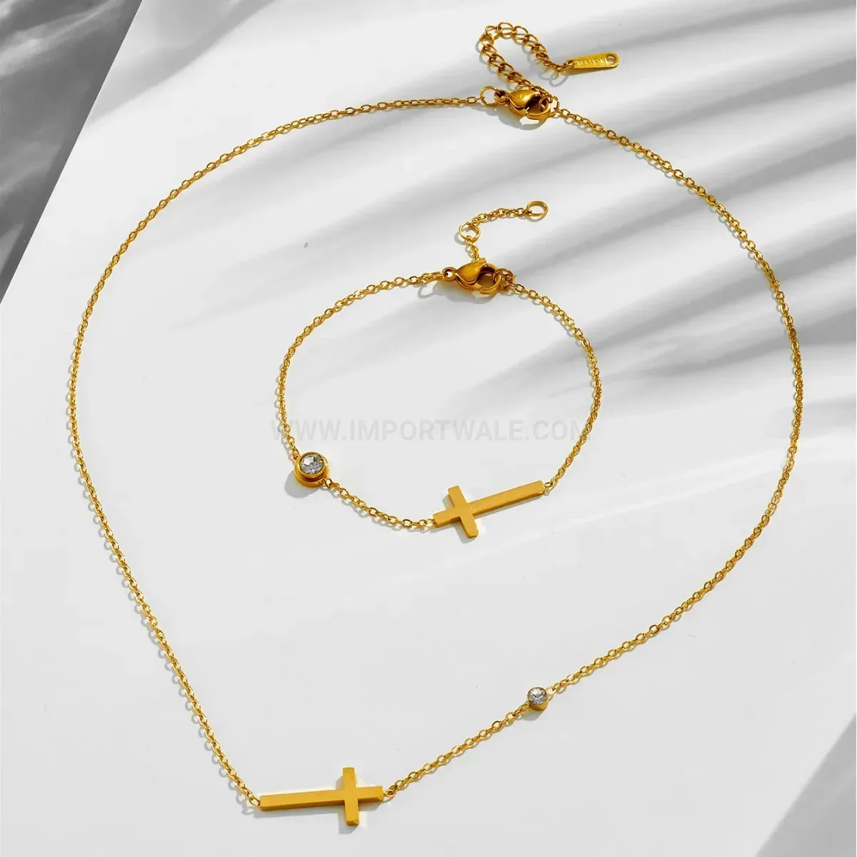 Stylish Minimalist Titanium Steel Cross Rhinestone Bracelet and Necklace
