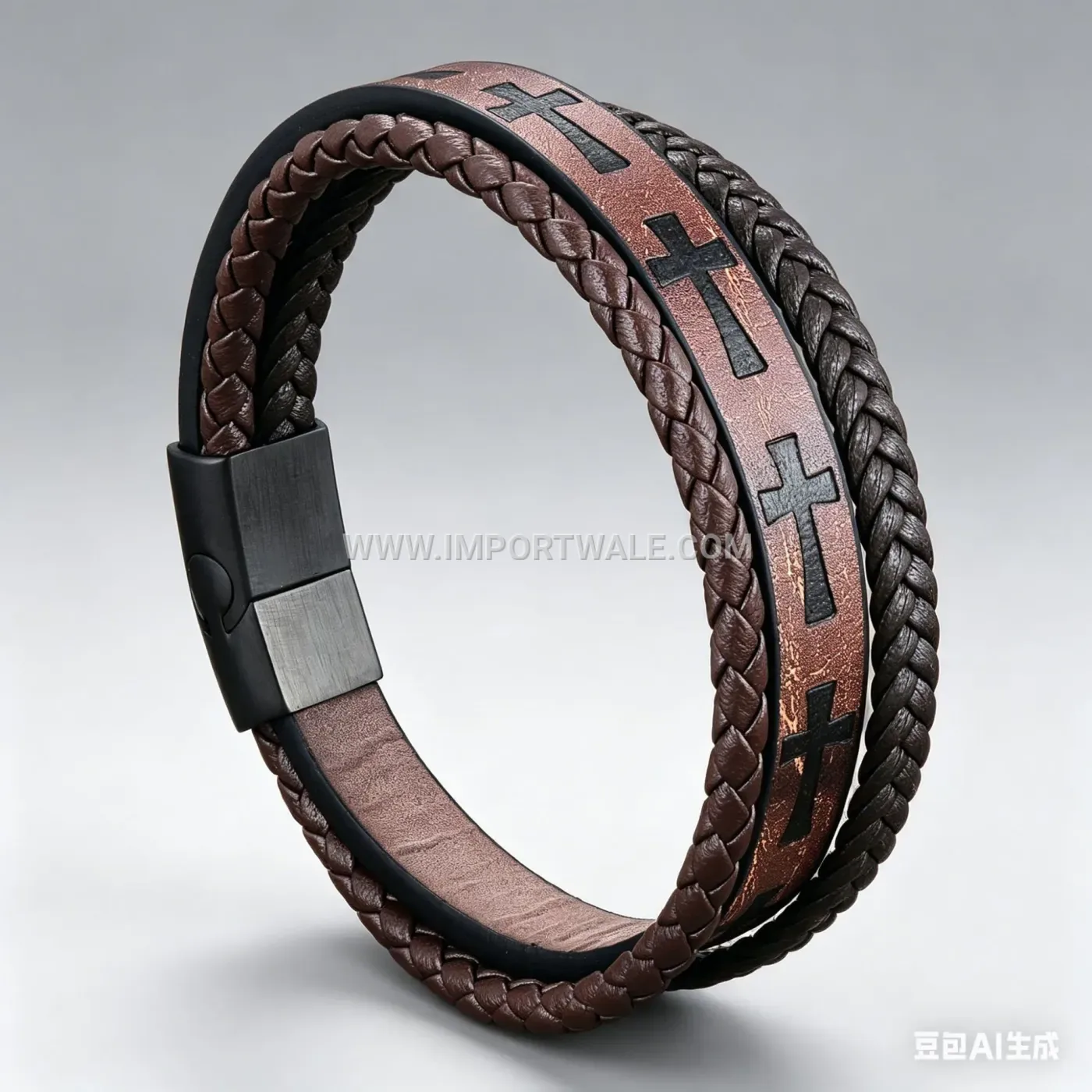 Layered Braided Leather Cross Bracelet With Magnetic Buckle