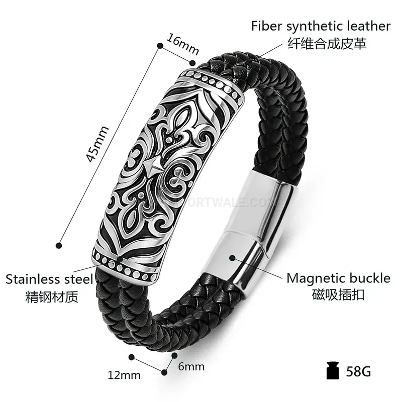 Stylish Carved Totem Stainless Steel Dual Color Leather Wristband