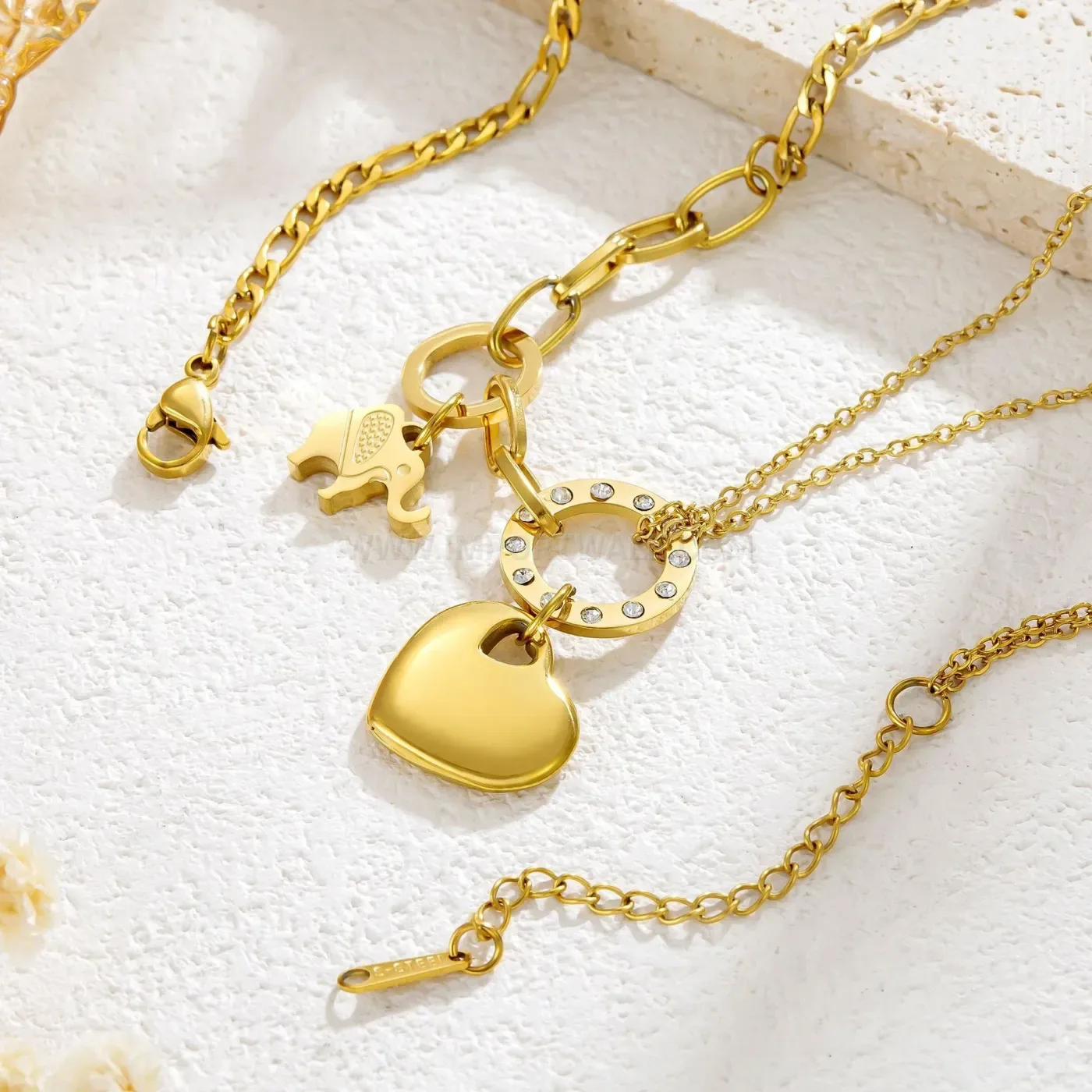 Heart and Elephant Cubic Zirconia Titanium Steel Pendant Necklace