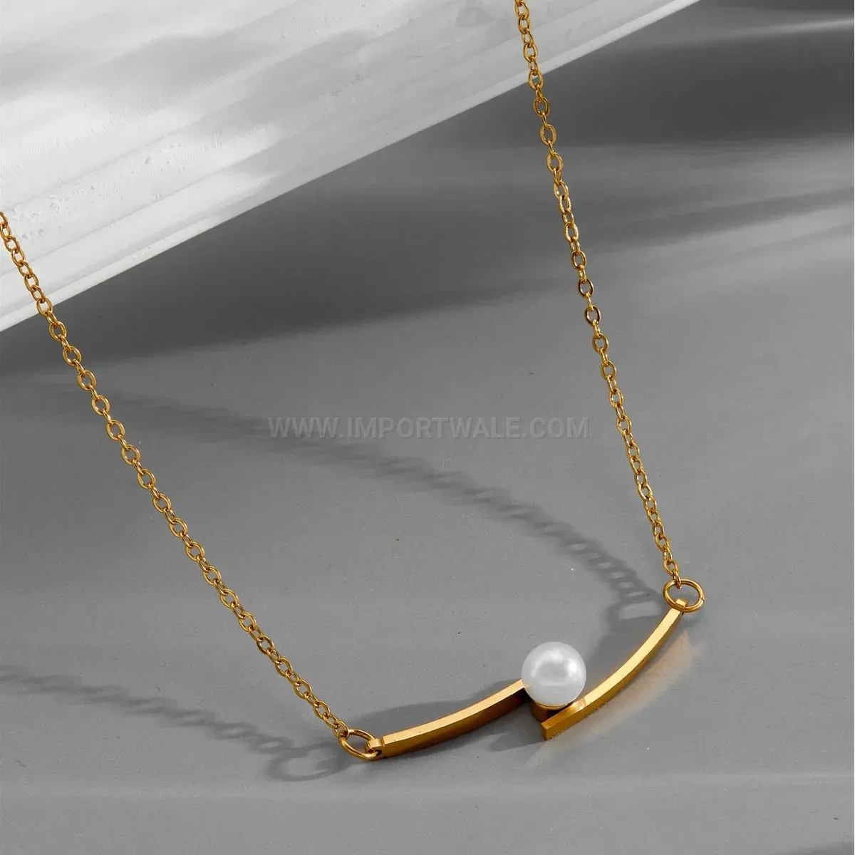 Designer Minimalist Curved Tube Pearl Pendant Titanium Steel Necklace