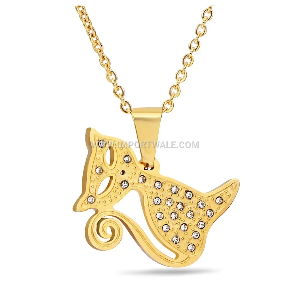 Playful Stainless Steel Rhinestone Cat Pendant Necklace