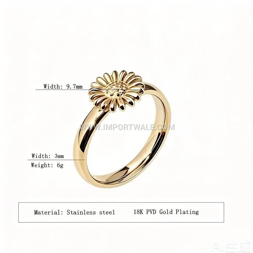 Engraved Sunflower Stainless Steel Band Ring with Gold Plating