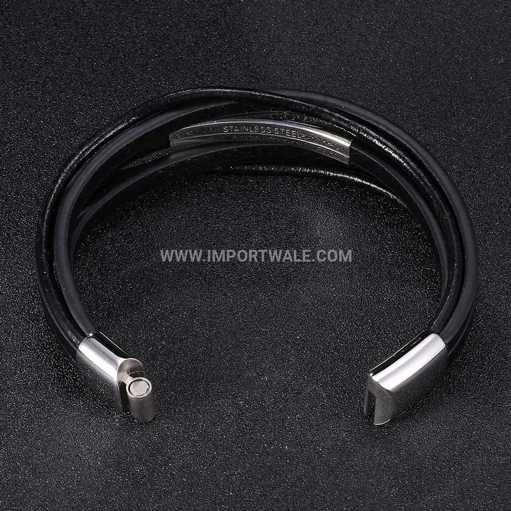 Layered Black Cowhide Leather and Stainless Steel Wristband Bracelet