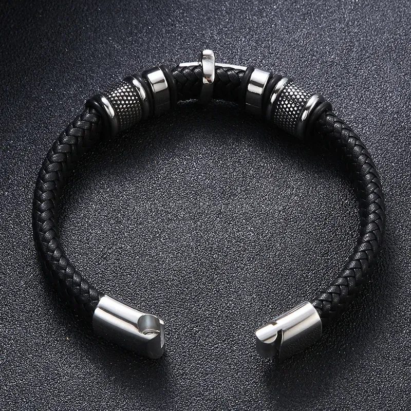 Designer Ankh Cross Braided Leather Stainless Steel Bracelet