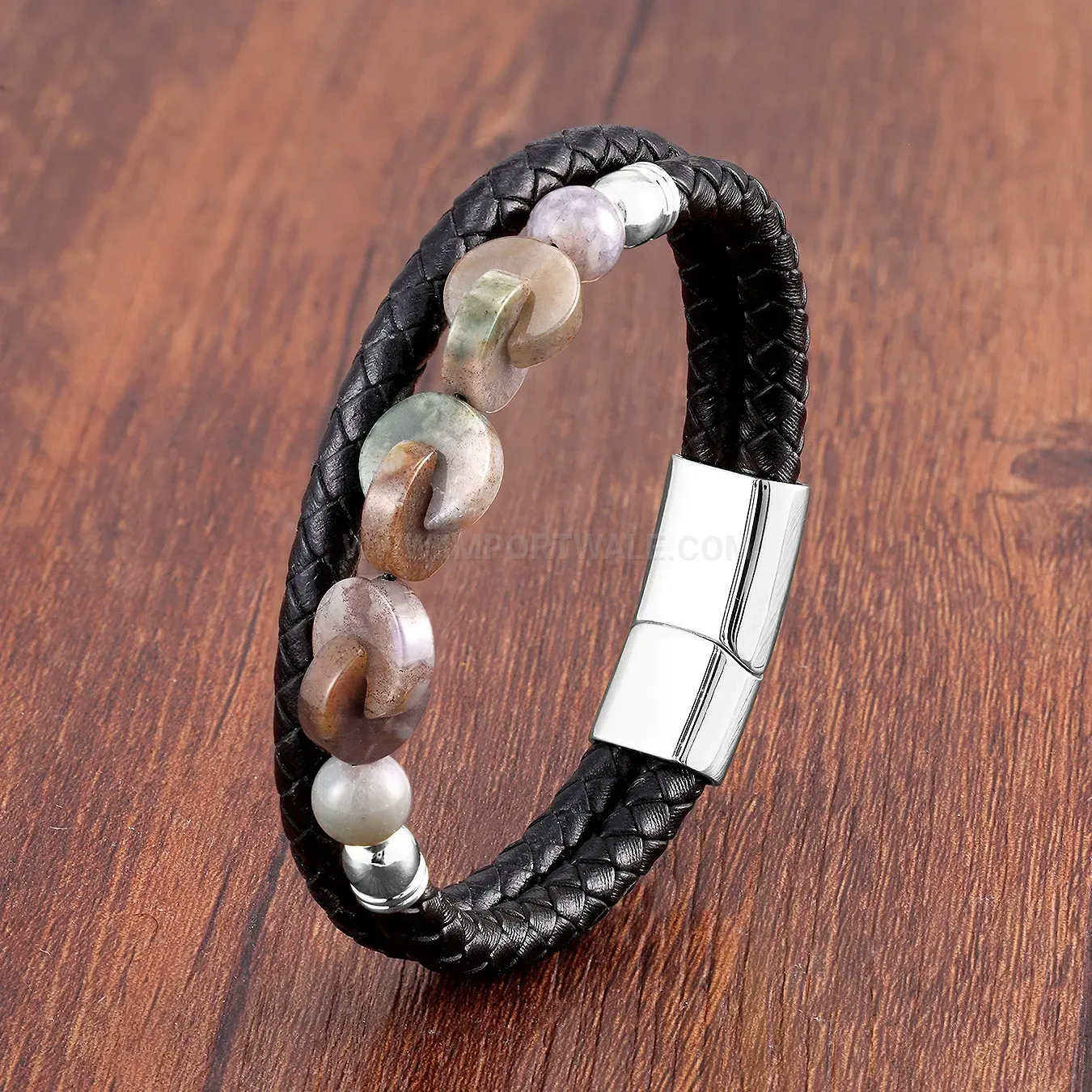 Double Layer Woven Leather Natural Stone Stainless Steel Magnetic Bracelet