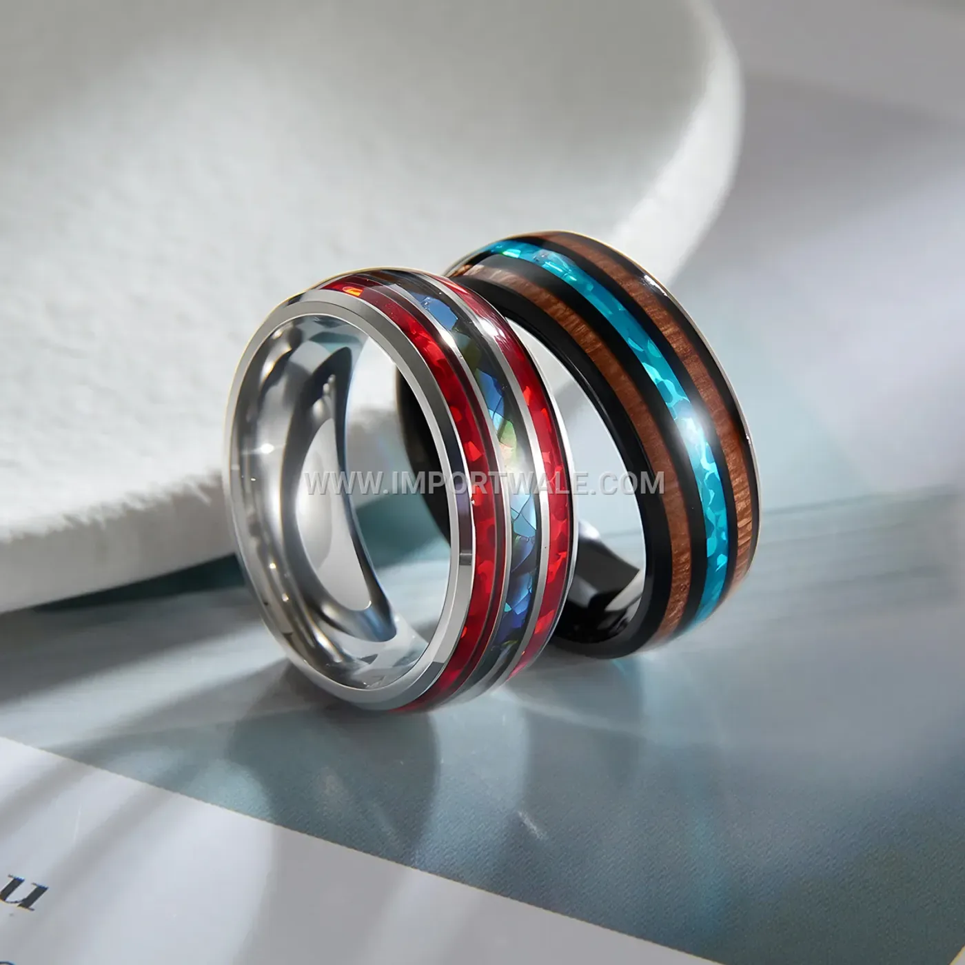 Stainless Steel Band Ring with Inlaid Wood and Opal