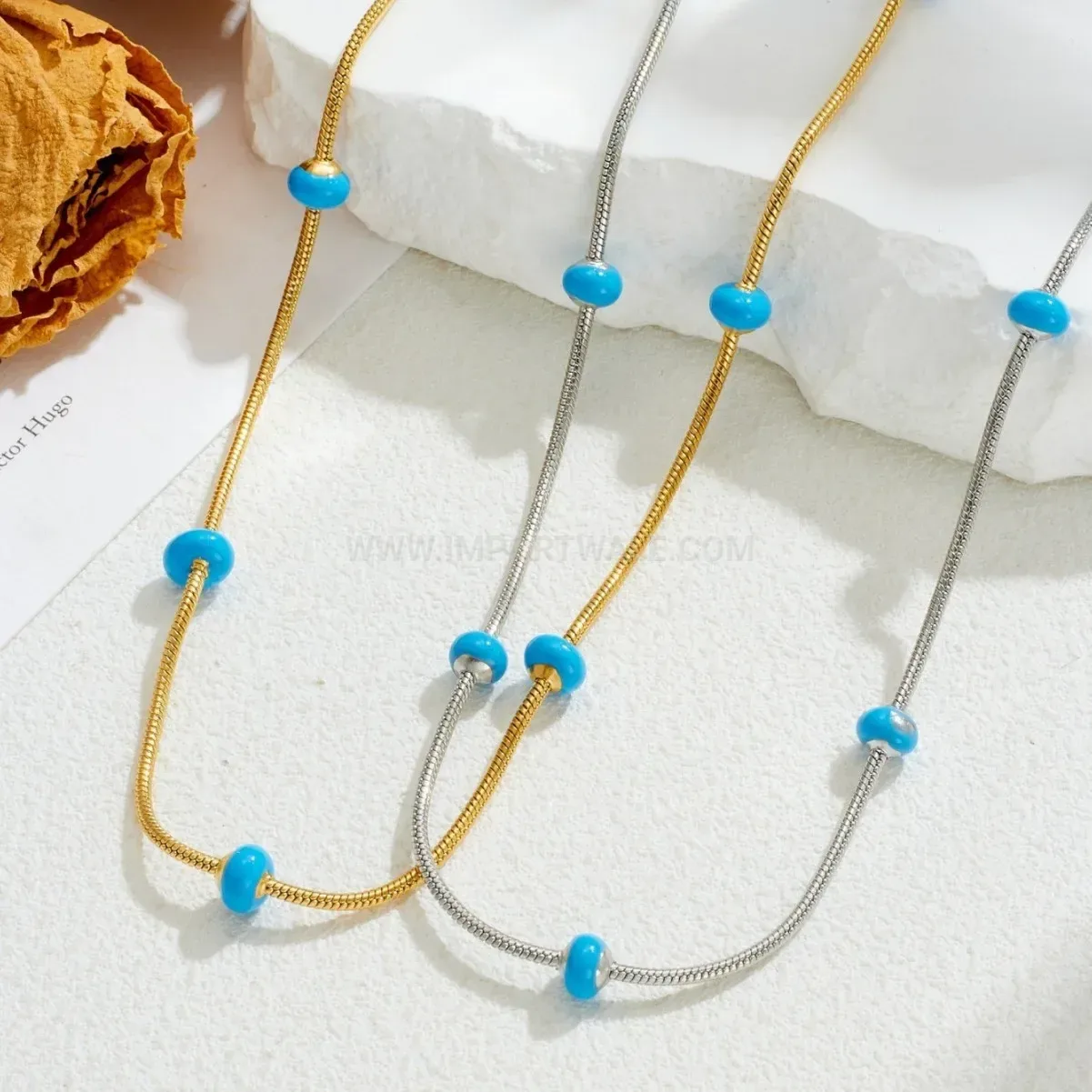 Vintage Style Stainless Steel Chain Necklace with Blue Bead Accent