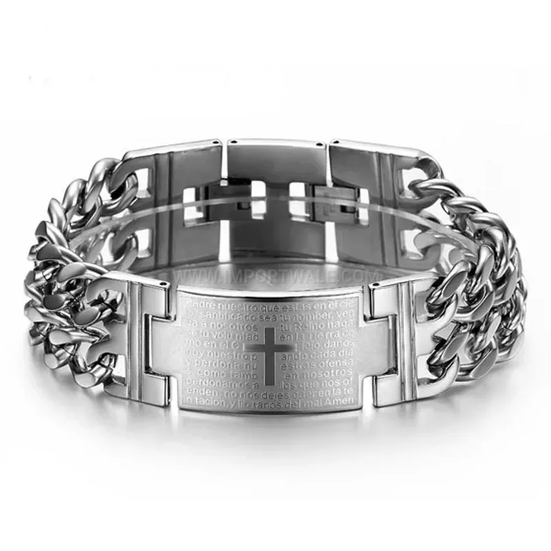 Elegant Double Row Stainless Steel Curved Plate Cross Chain Bracelet for Men