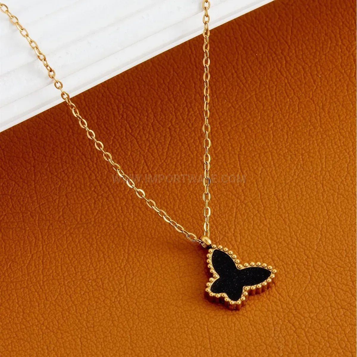 Bold Titanium Steel Butterfly Pendant Necklace with Shell Inlay