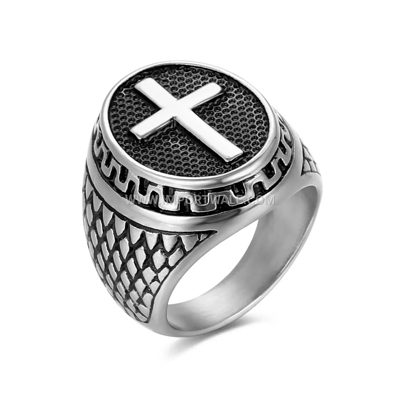 Gothic Cross Stainless Steel Signet Ring with Shell Accent