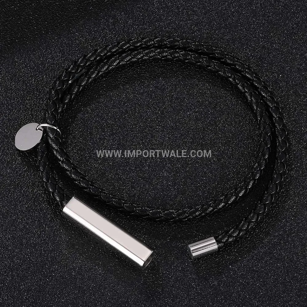 Dual-Strand Leather Wrap Bracelet with Stainless Steel Magnetic Clasp