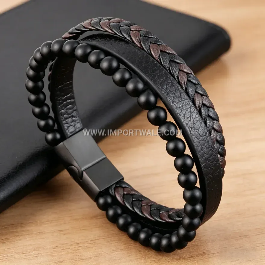 Multi-Layer Braided Leather Wristband with Natural Stone Beads